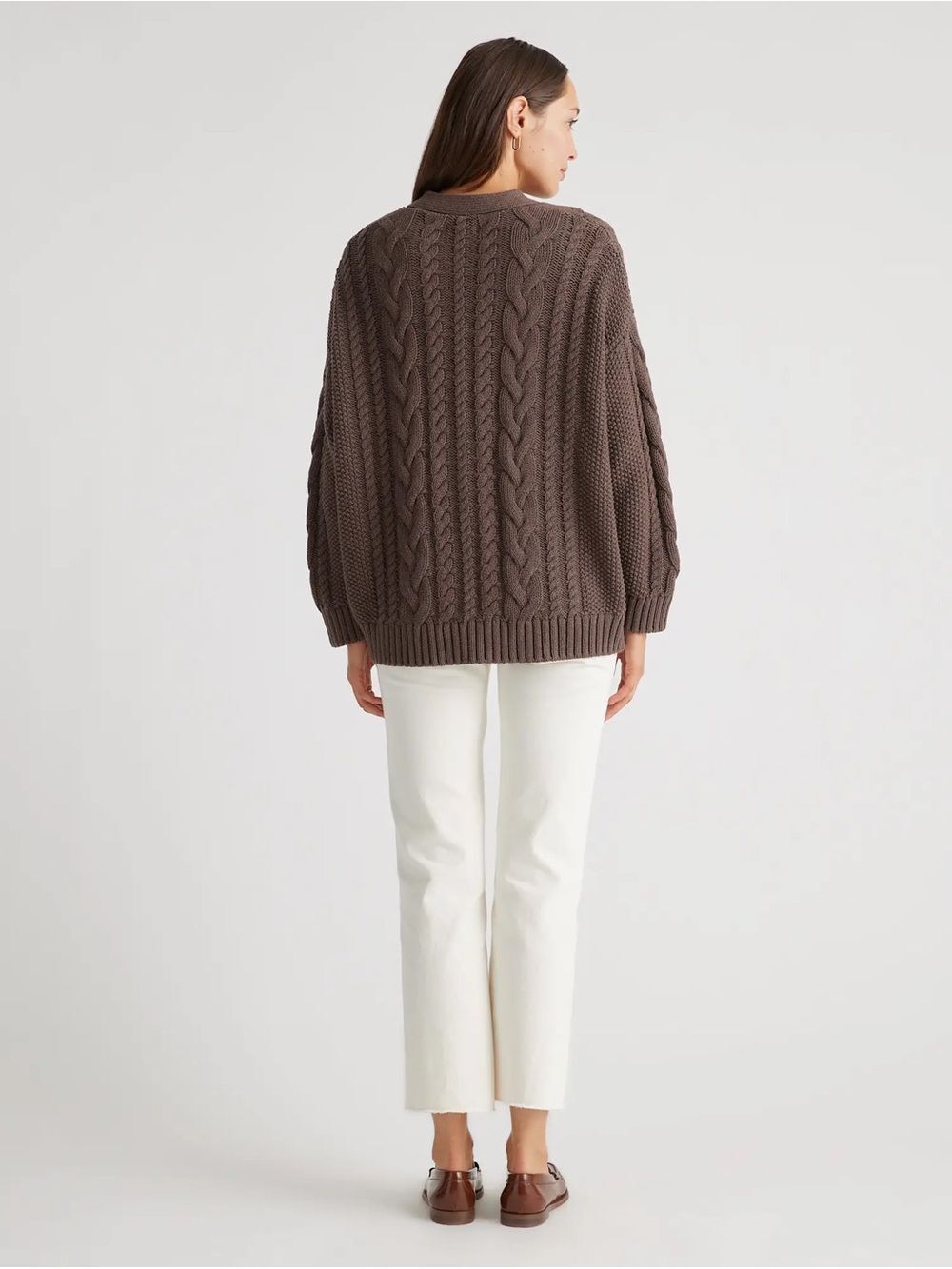 Quince 100% Organic Cotton Oversized Cable Cardigan Sweater Small Heather Brown - Picture 6 of 9